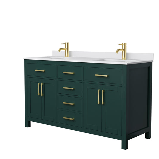 Beckett 60" Double Vanity in Green, White Cultured Marble Top, Gold Trim