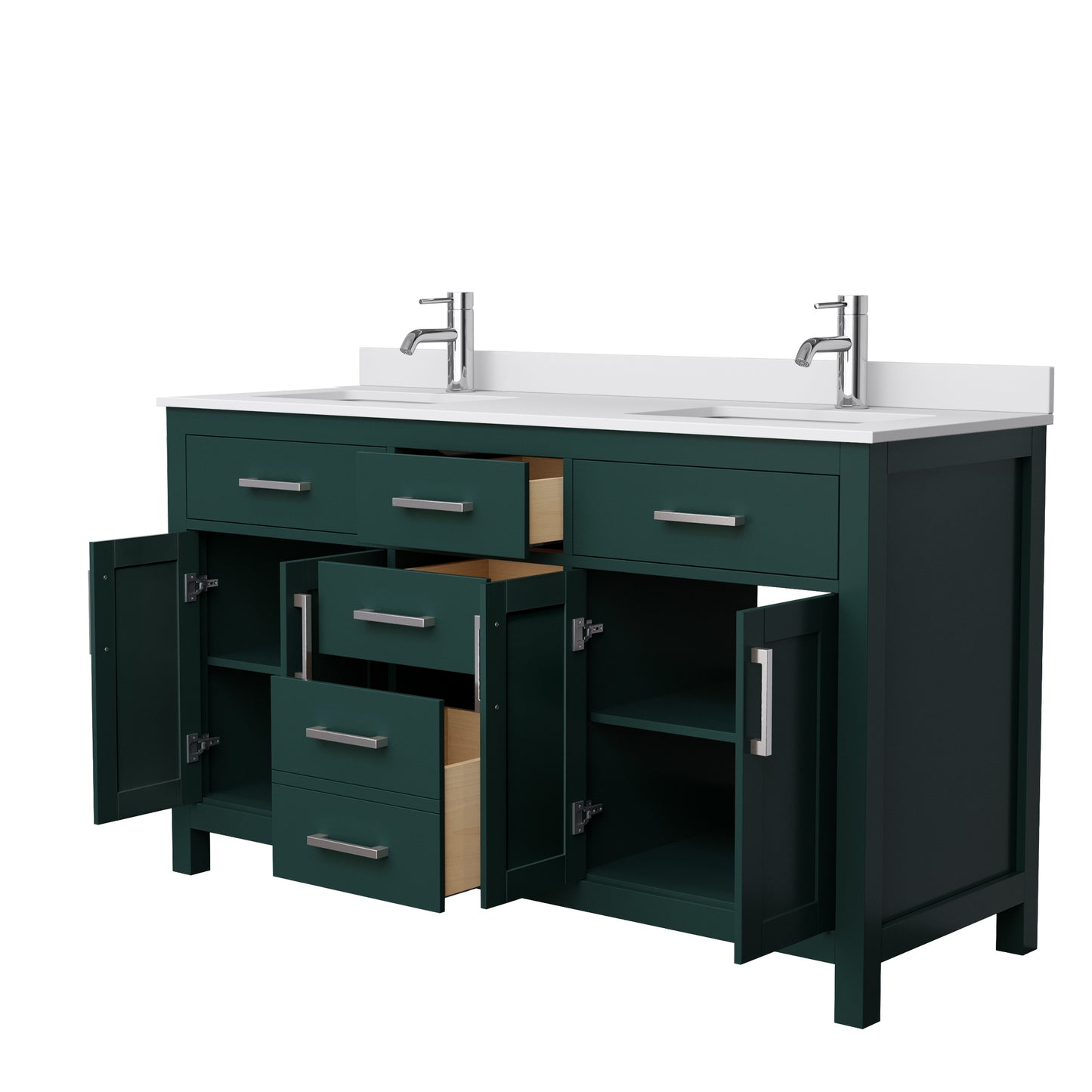 Beckett 60" Double Vanity in Green, White Cultured Marble Top, Nickel Trim