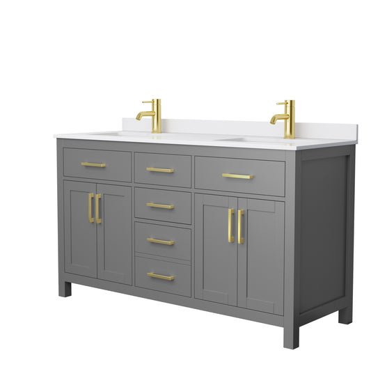 Beckett 60" Double Vanity in Dark Gray, White Cultured Marble Top, Gold Trim