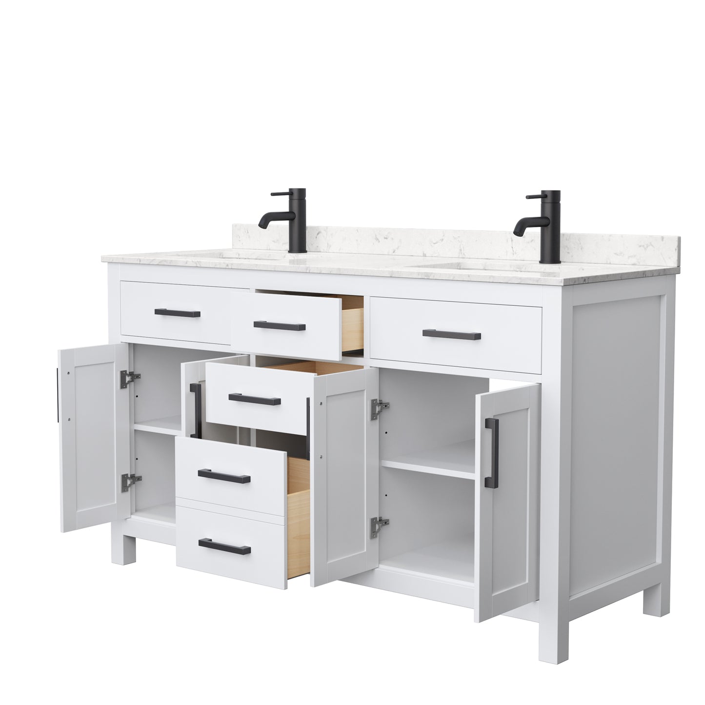 Beckett 60" Double Vanity in White, Carrara Cultured Marble Top, Black Trim