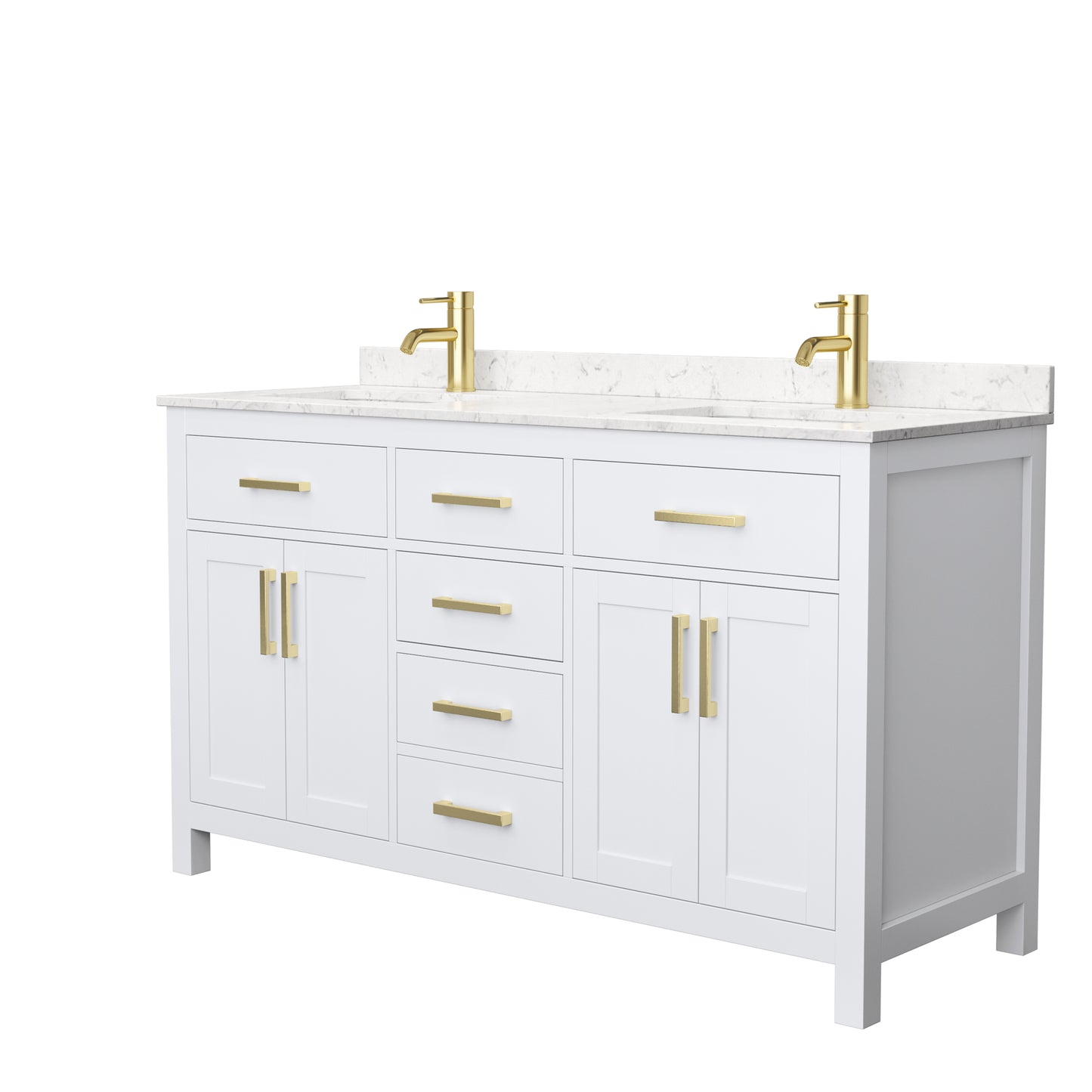 Beckett 60" Double Vanity in White, Carrara Cultured Marble Top, Gold Trim