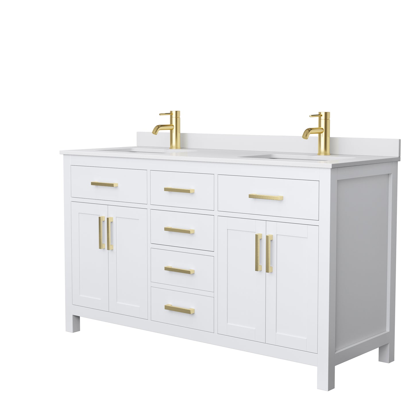 Beckett 60" Double Vanity in White, White Cultured Marble Top, Gold Trim