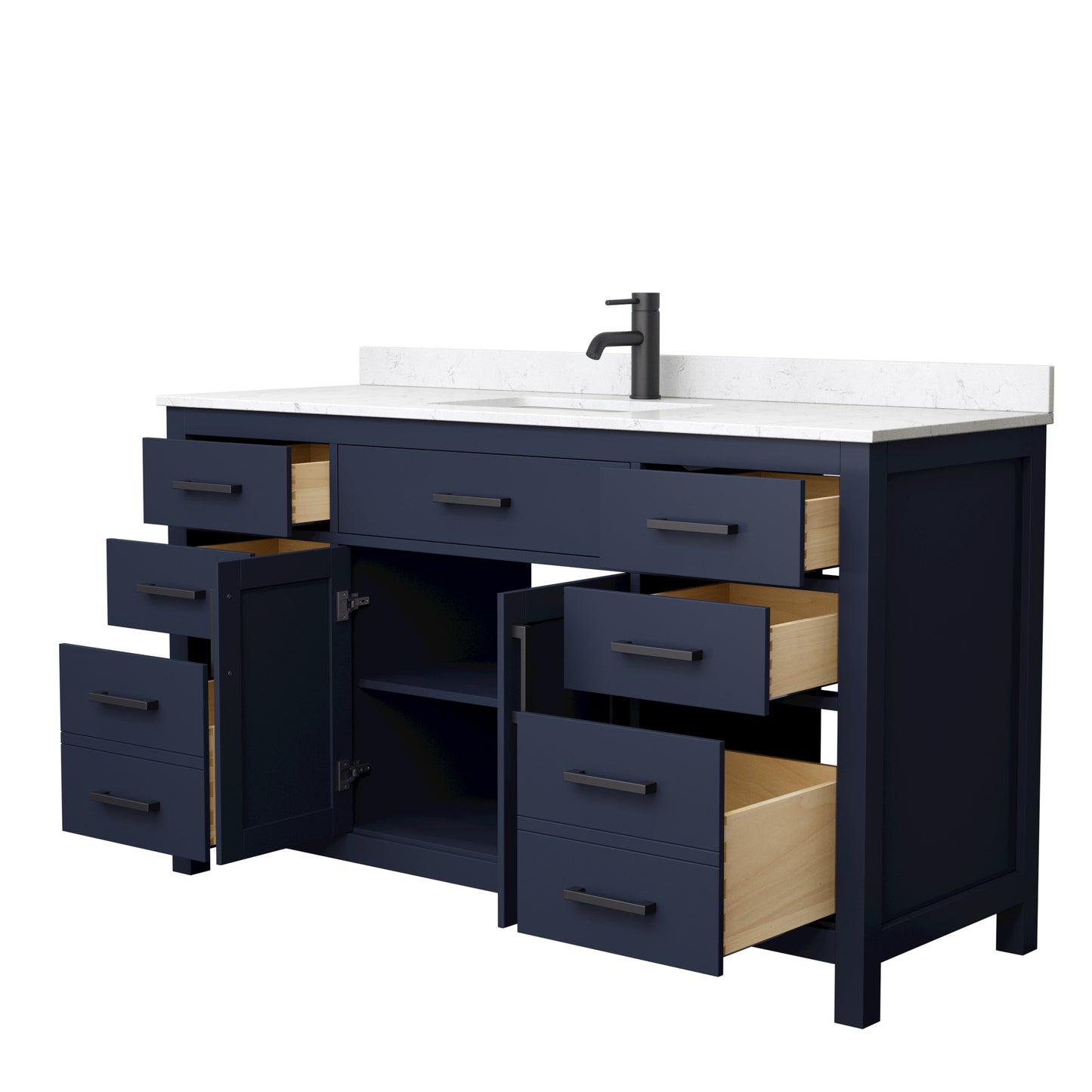 Beckett 60" Single Vanity in Dark Blue, Carrara Cultured Marble Top, Black Trim