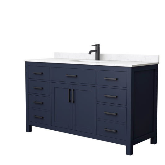 Beckett 60" Single Vanity in Dark Blue, Carrara Cultured Marble Top, Black Trim