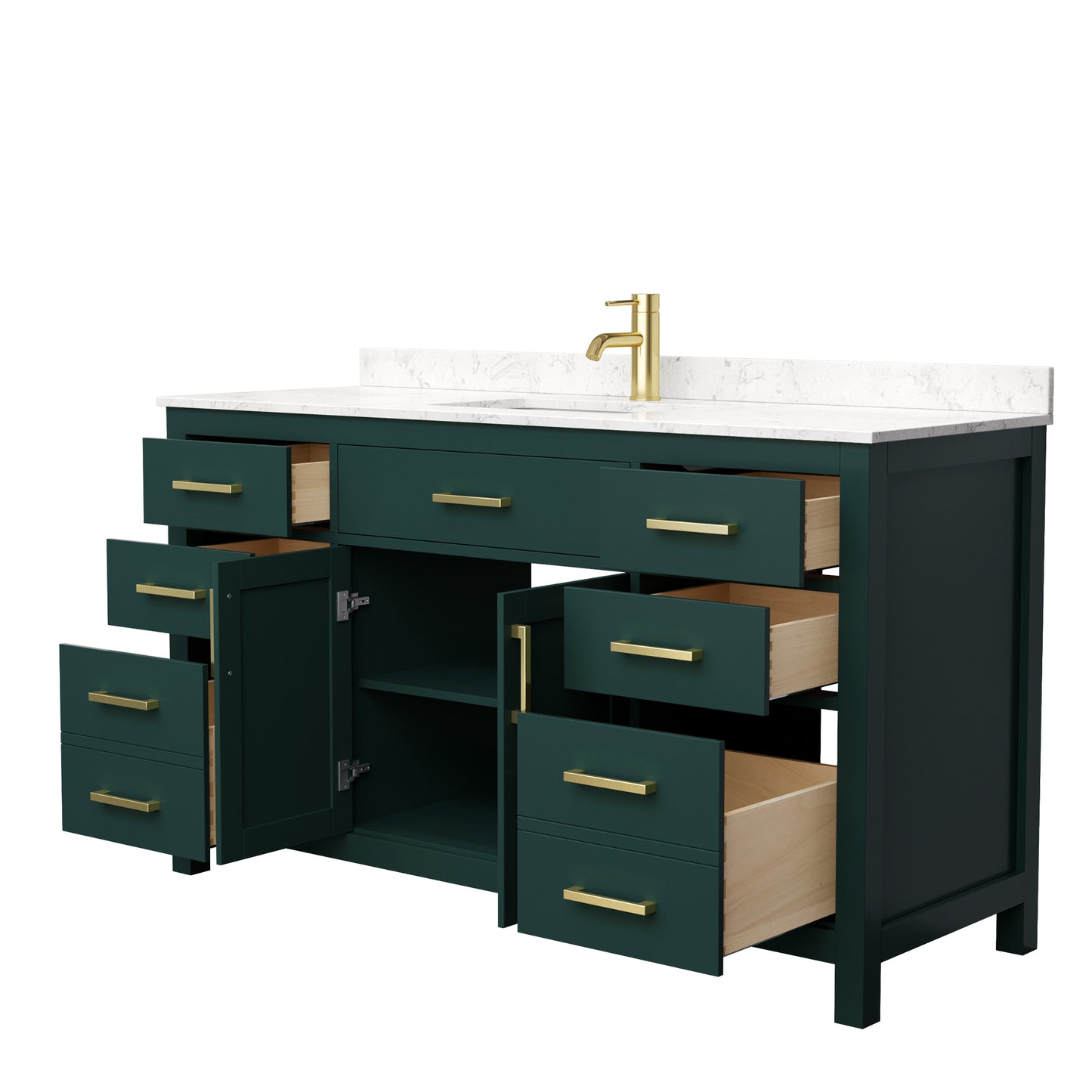 Beckett 60" Single Vanity in Green, Carrara Cultured Marble Top, Gold Trim