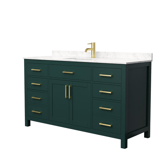 Beckett 60" Single Vanity in Green, Carrara Cultured Marble Top, Gold Trim