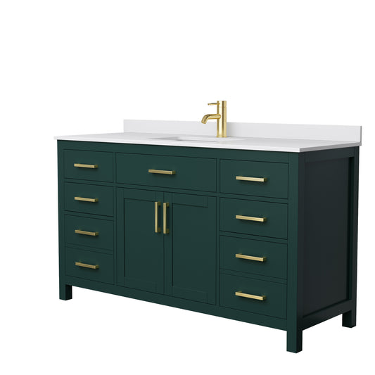 Beckett 60" Single Vanity in Green, White Cultured Marble Top, Gold Trim