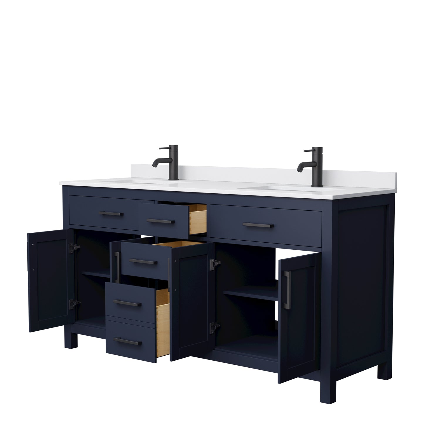Beckett 66" Double Vanity in Dark Blue, White Cultured Marble Top, Black Trim