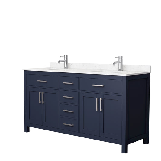 Beckett 66" Double Vanity in Dark Blue, Carrara Cultured Marble Top, Nickel Trim
