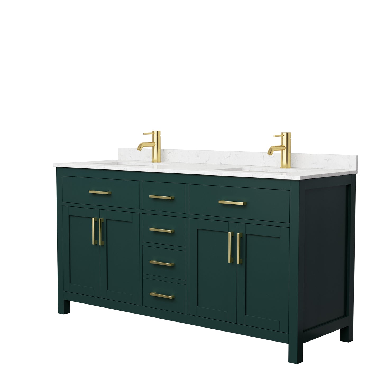 Beckett 66" Double Vanity in Green, Carrara Cultured Marble Top, Gold Trim