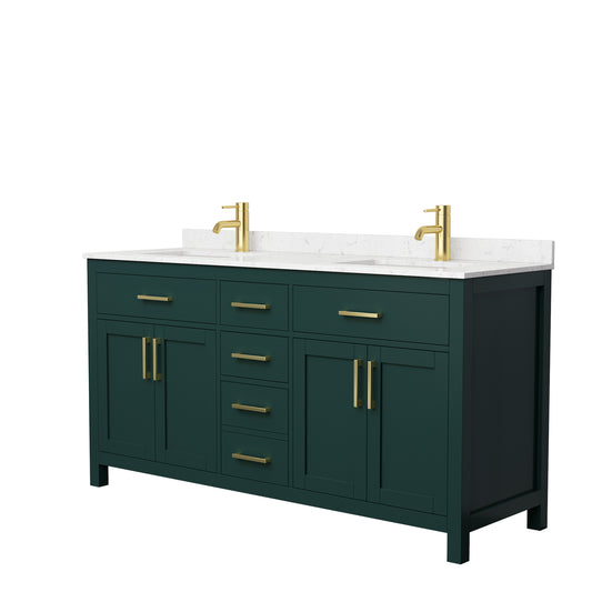 Beckett 66" Double Vanity in Green, Carrara Cultured Marble Top, Gold Trim
