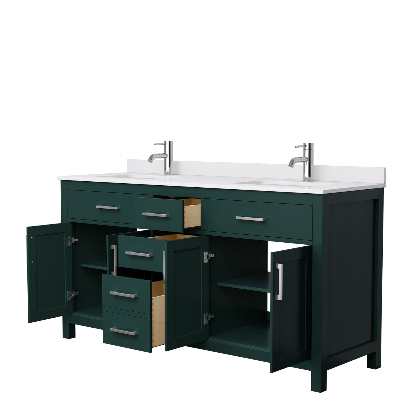 Beckett 66" Double Vanity in Green, White Cultured Marble Top, Nickel Trim