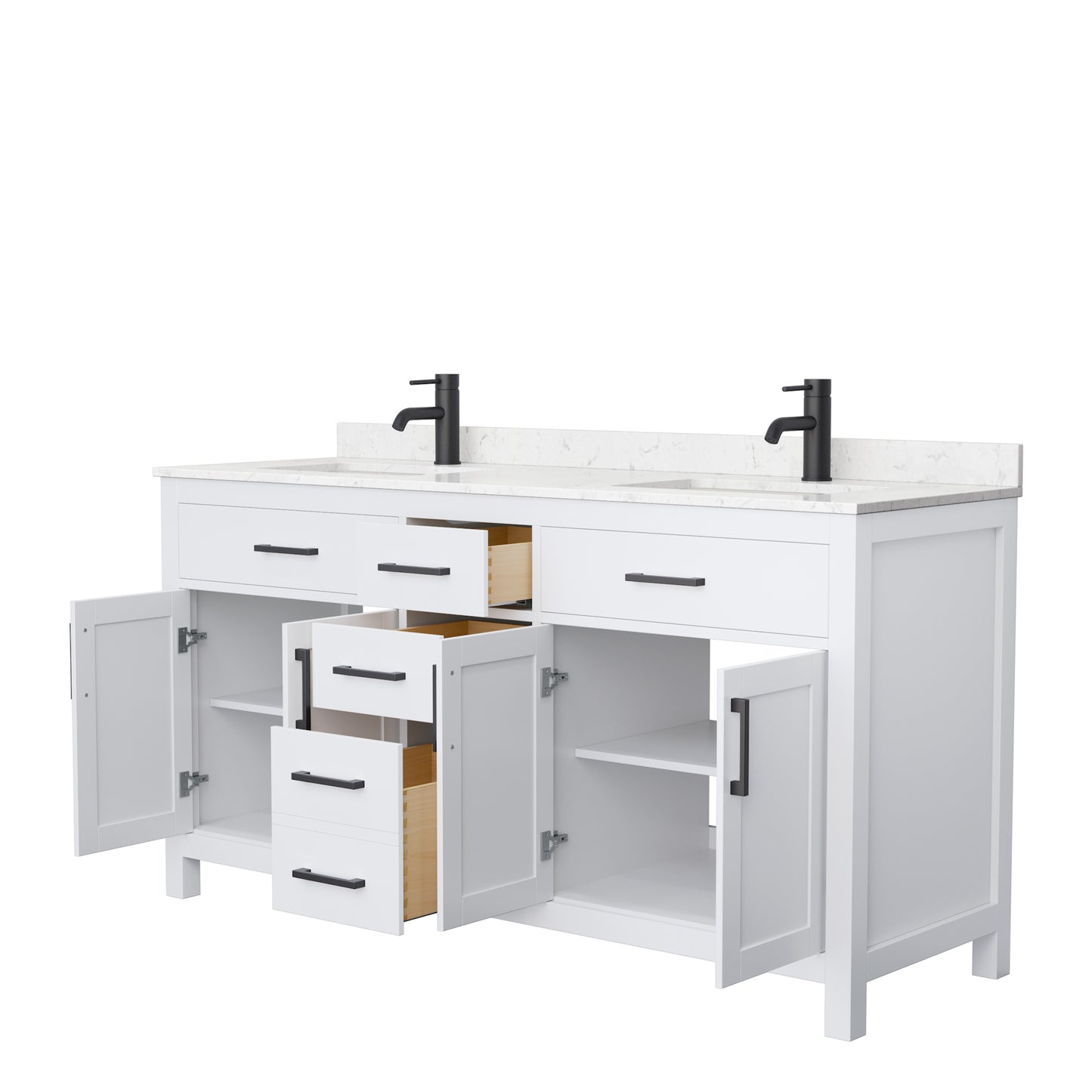 Beckett 66" Double Vanity in White, Carrara Cultured Marble Top, Black Trim