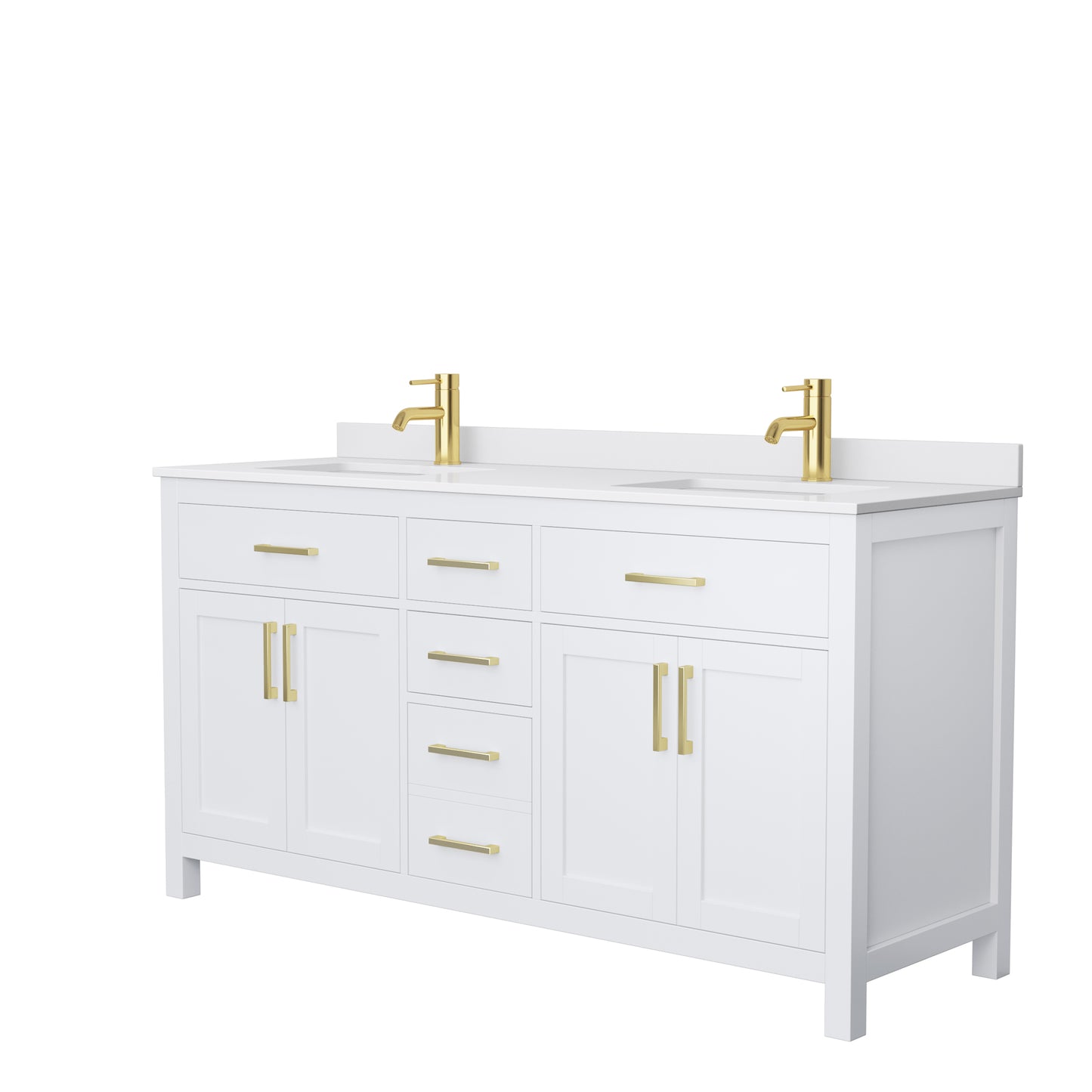 Beckett 66" Double Vanity in White, White Cultured Marble Top, Gold Trim