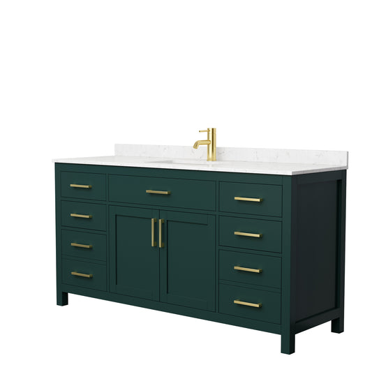 Beckett 66" Single Vanity in Green, Carrara Cultured Marble Top, Gold Trim