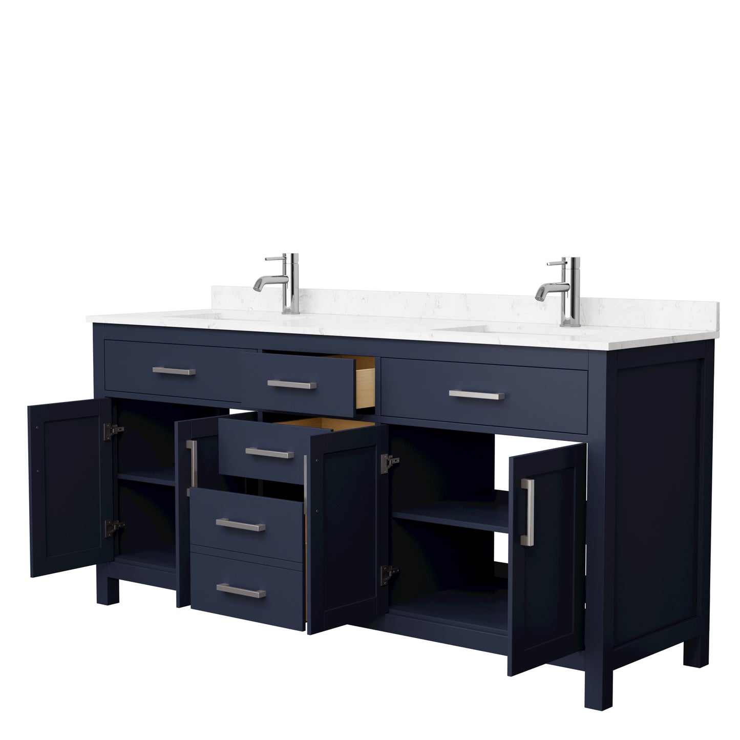 Beckett 72" Double Vanity in Dark Blue, Carrara Cultured Marble Top, Nickel Trim