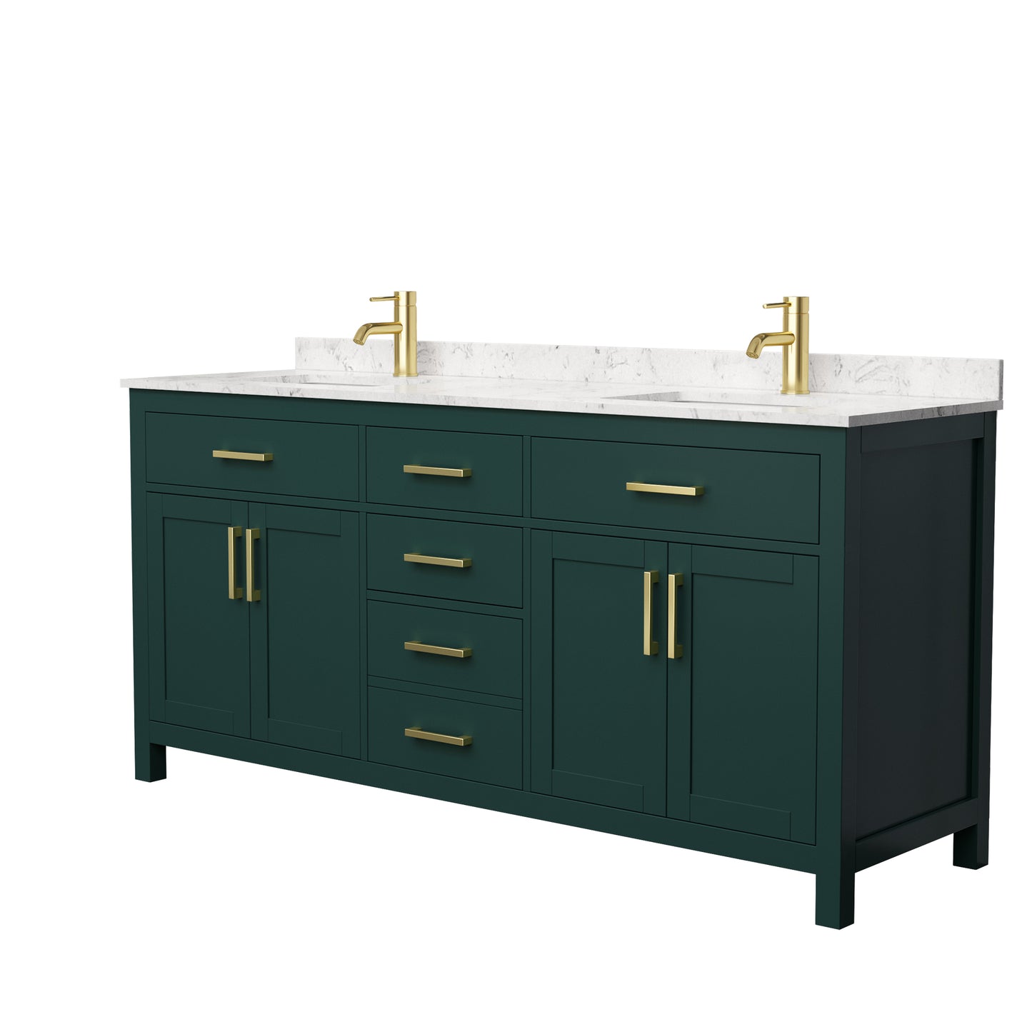 Beckett 72" Double Vanity in Green, Carrara Cultured Marble Top, Gold Trim