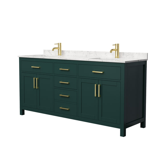 Beckett 72" Double Vanity in Green, Carrara Cultured Marble Top, Gold Trim