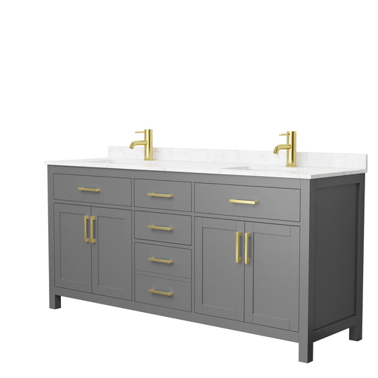 Beckett 72" Double Vanity in Dark Gray, Carrara Cultured Marble Top, Gold Trim