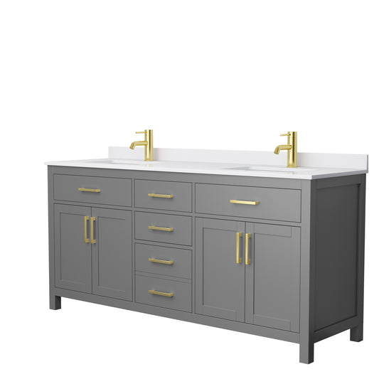 Beckett 72" Double Vanity in Dark Gray, White Cultured Marble Top, Gold Trim