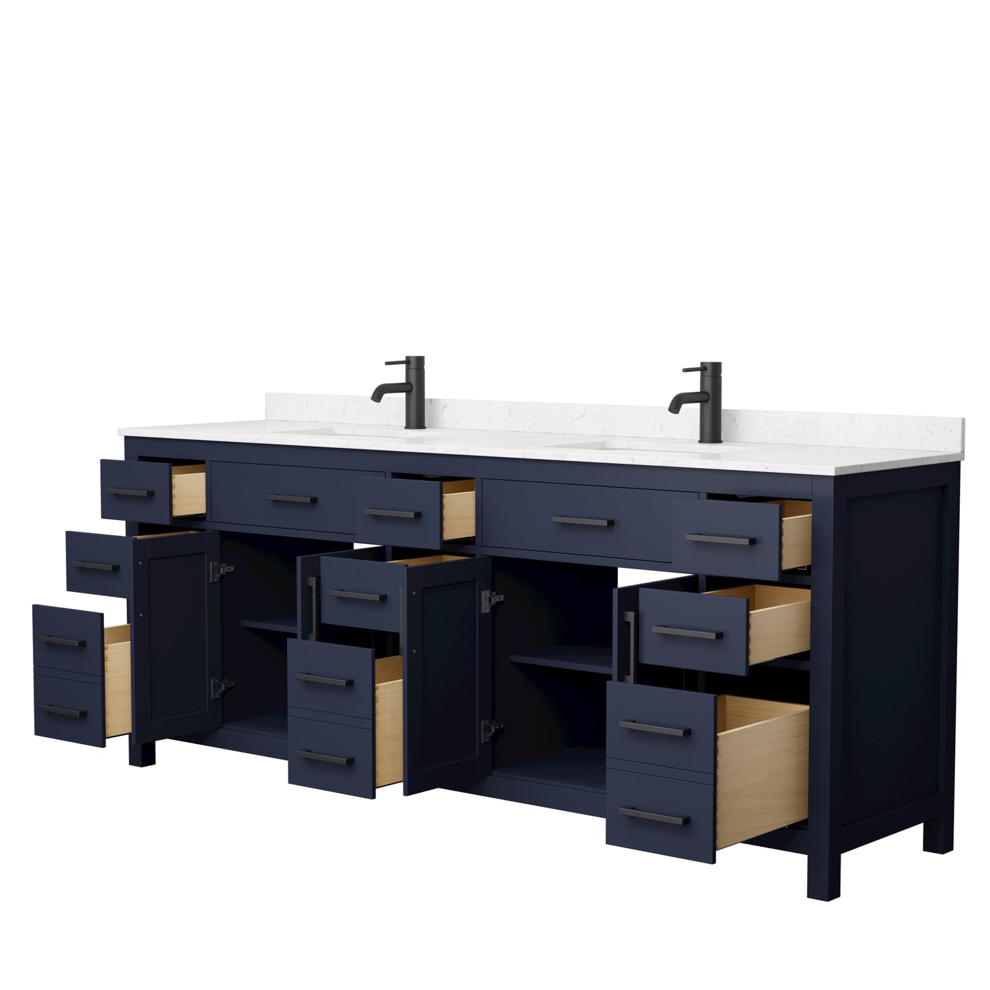 Beckett 84" Double Vanity in Dark Blue, Carrara Cultured Marble Top, Black Trim