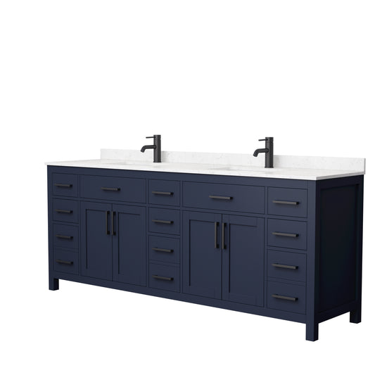 Beckett 84" Double Vanity in Dark Blue, Carrara Cultured Marble Top, Black Trim