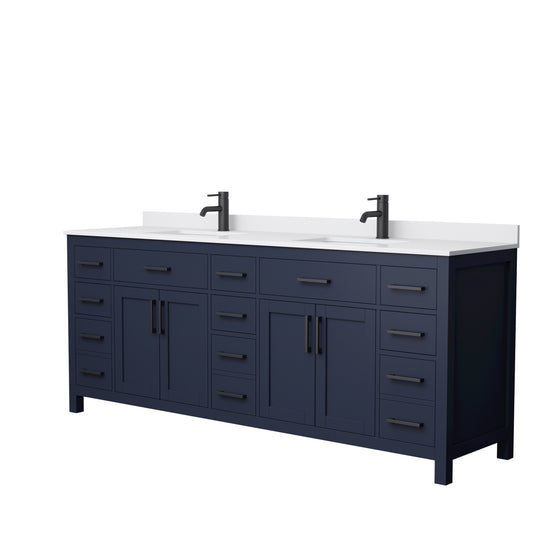 Beckett 84" Double Vanity in Dark Blue, White Cultured Marble Top, Black Trim