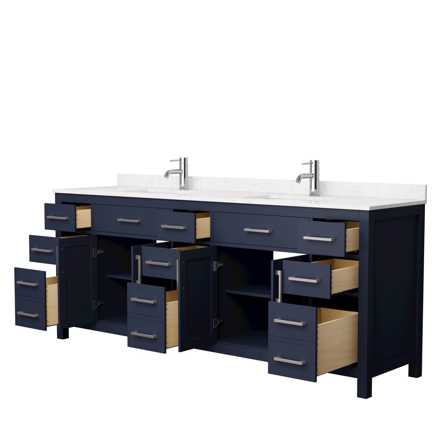 Beckett 84" Double Vanity in Dark Blue, Carrara Cultured Marble Top, Nickel Trim