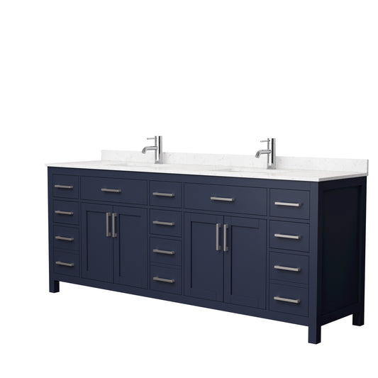 Beckett 84" Double Vanity in Dark Blue, Carrara Cultured Marble Top, Nickel Trim