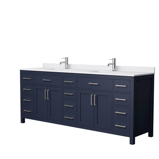Beckett 84" Double Vanity in Dark Blue, White Cultured Marble Top, Nickel Trim