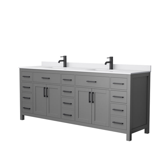 Beckett 84" Double Vanity in Dark Gray, White Cultured Marble Top, Black Trim