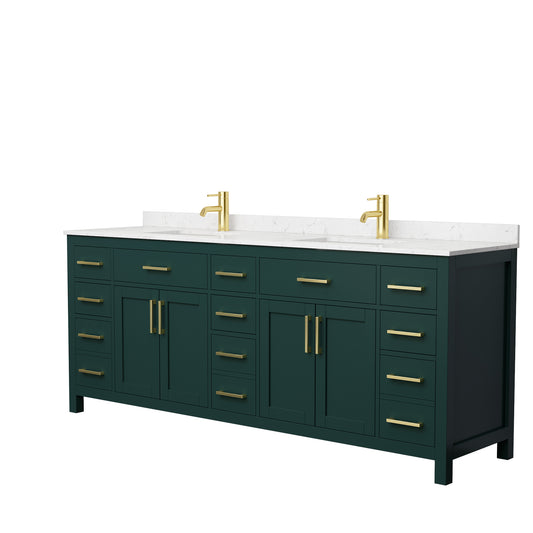 Beckett 84" Double Vanity in Green, Carrara Cultured Marble Top, Gold Trim