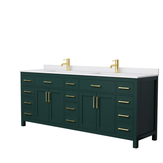 Beckett 84" Double Vanity in Green, White Cultured Marble Top, Gold Trim