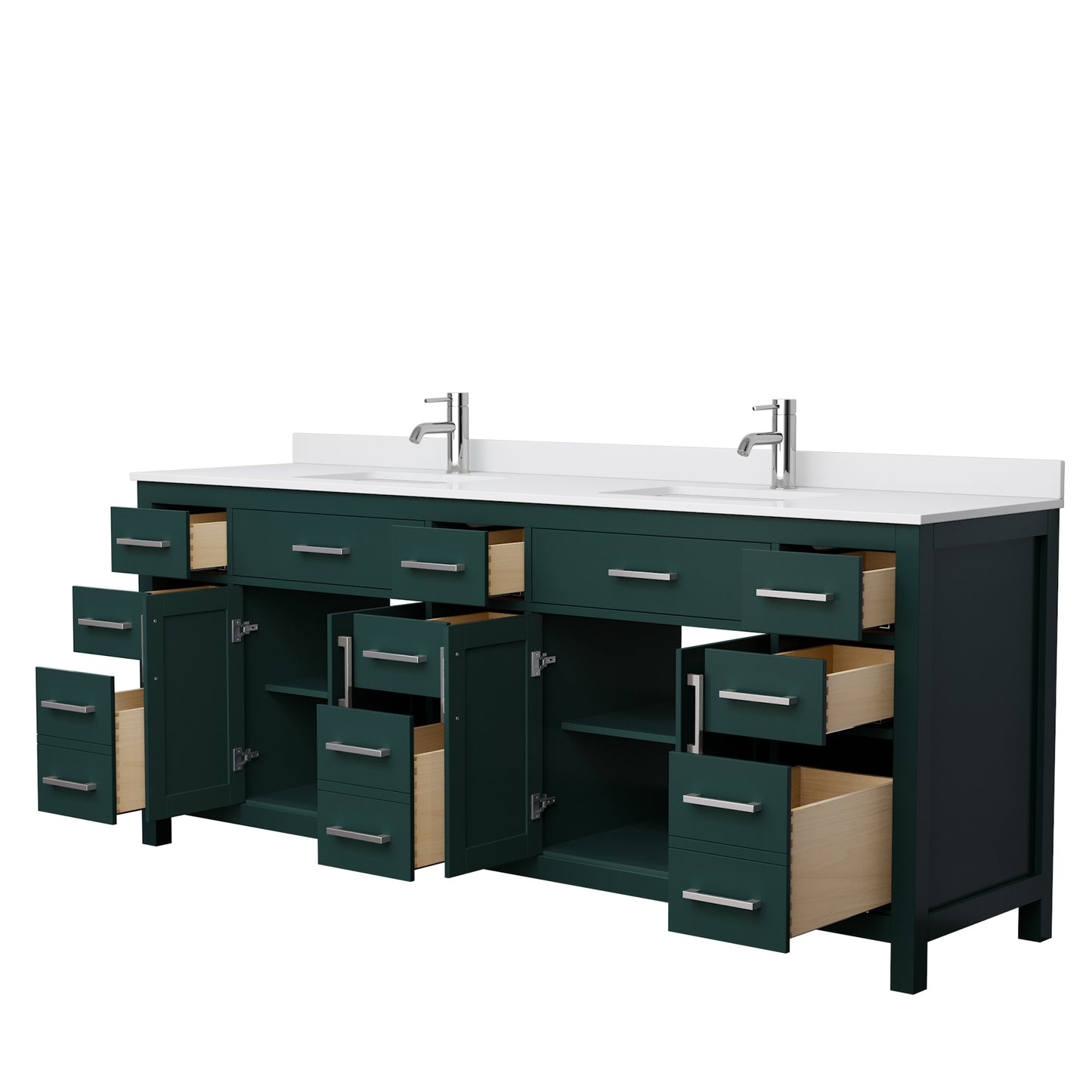 Beckett 84" Double Vanity in Green, White Cultured Marble Top, Nickel Trim