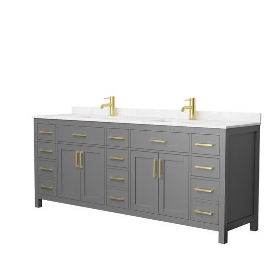 Beckett 84" Double Vanity in Dark Gray, Carrara Cultured Marble Top, Gold Trim