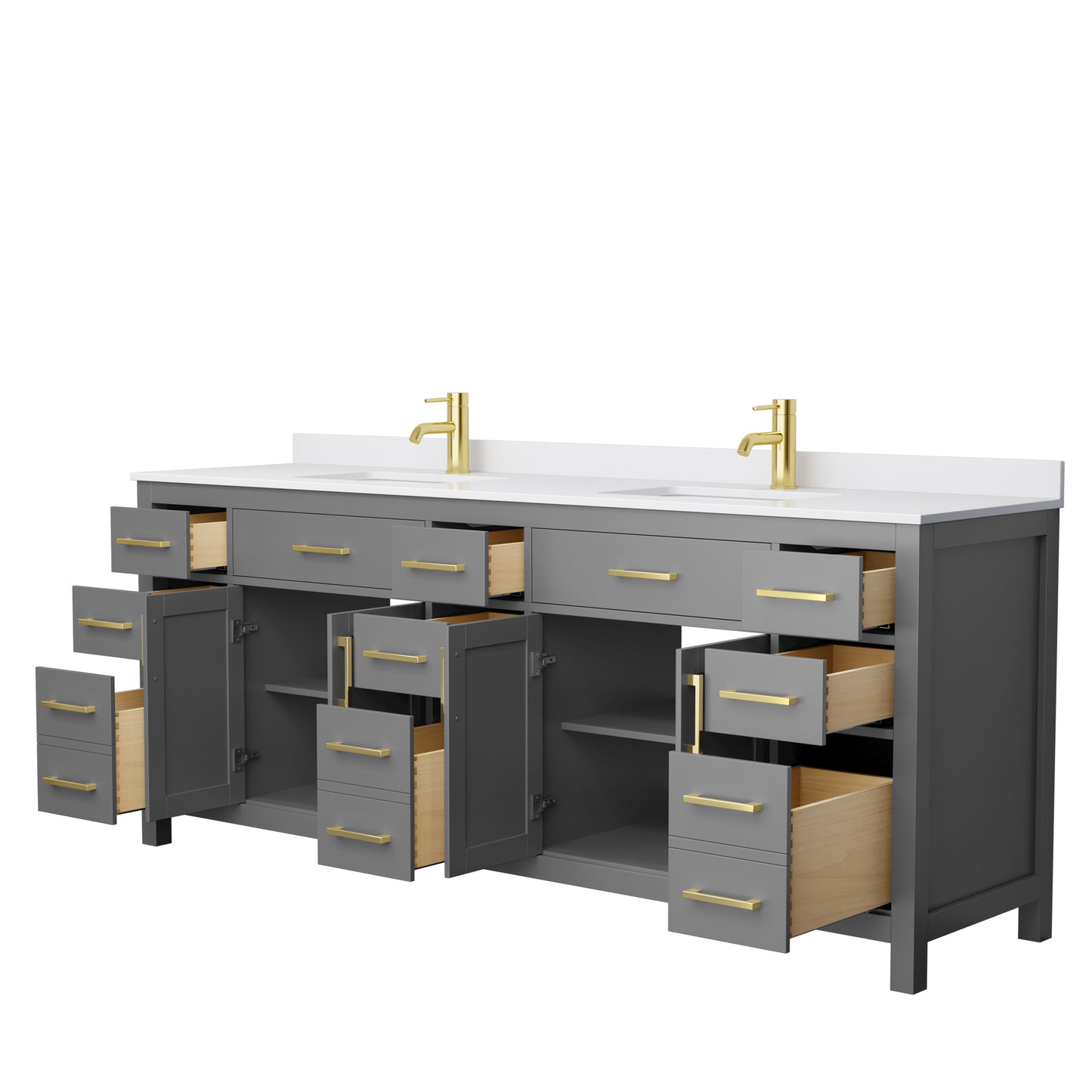 Beckett 84" Double Vanity in Dark Gray, White Cultured Marble Top, Gold Trim