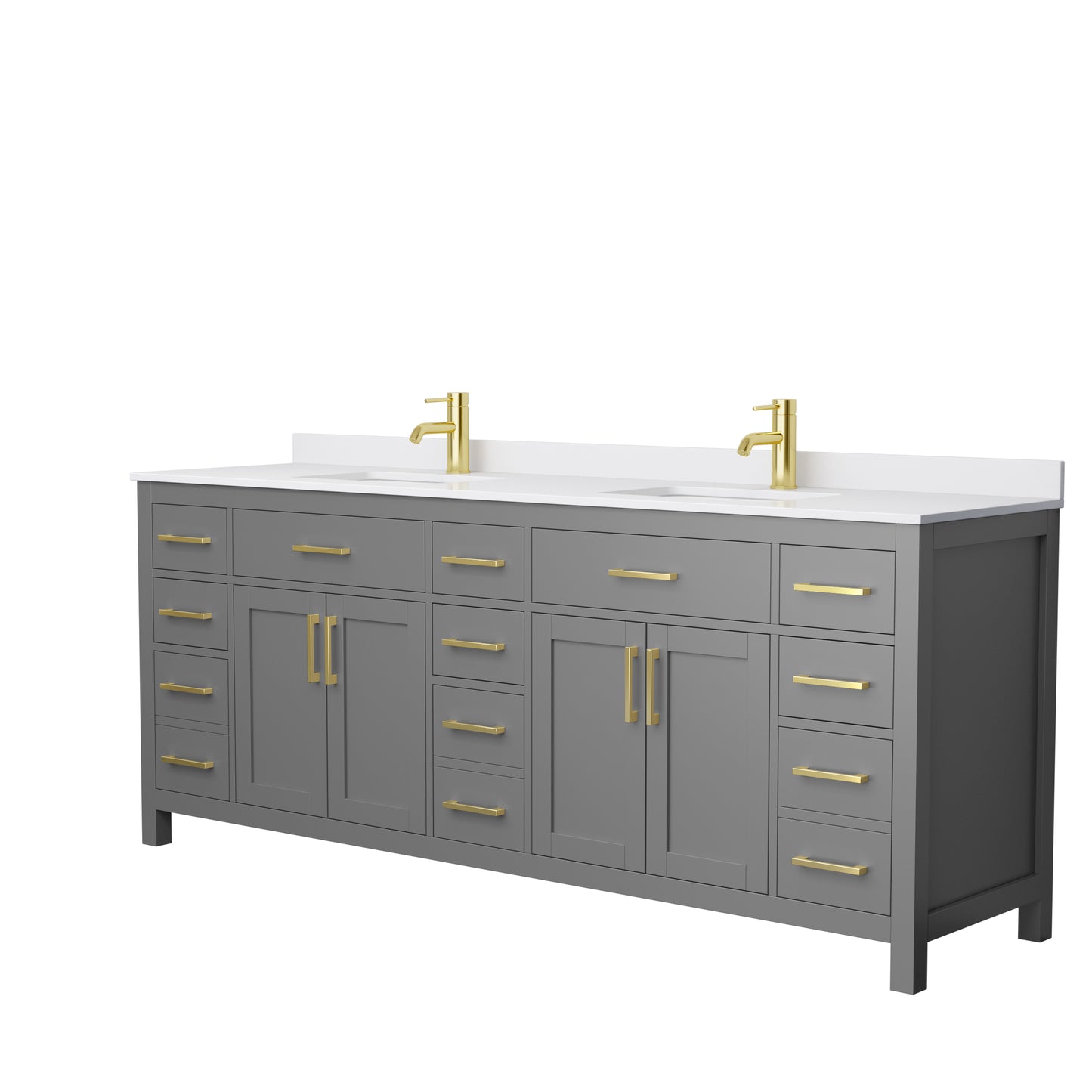 Beckett 84" Double Vanity in Dark Gray, White Cultured Marble Top, Gold Trim