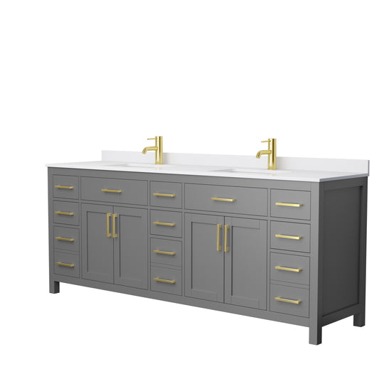 Beckett 84" Double Vanity in Dark Gray, White Cultured Marble Top, Gold Trim
