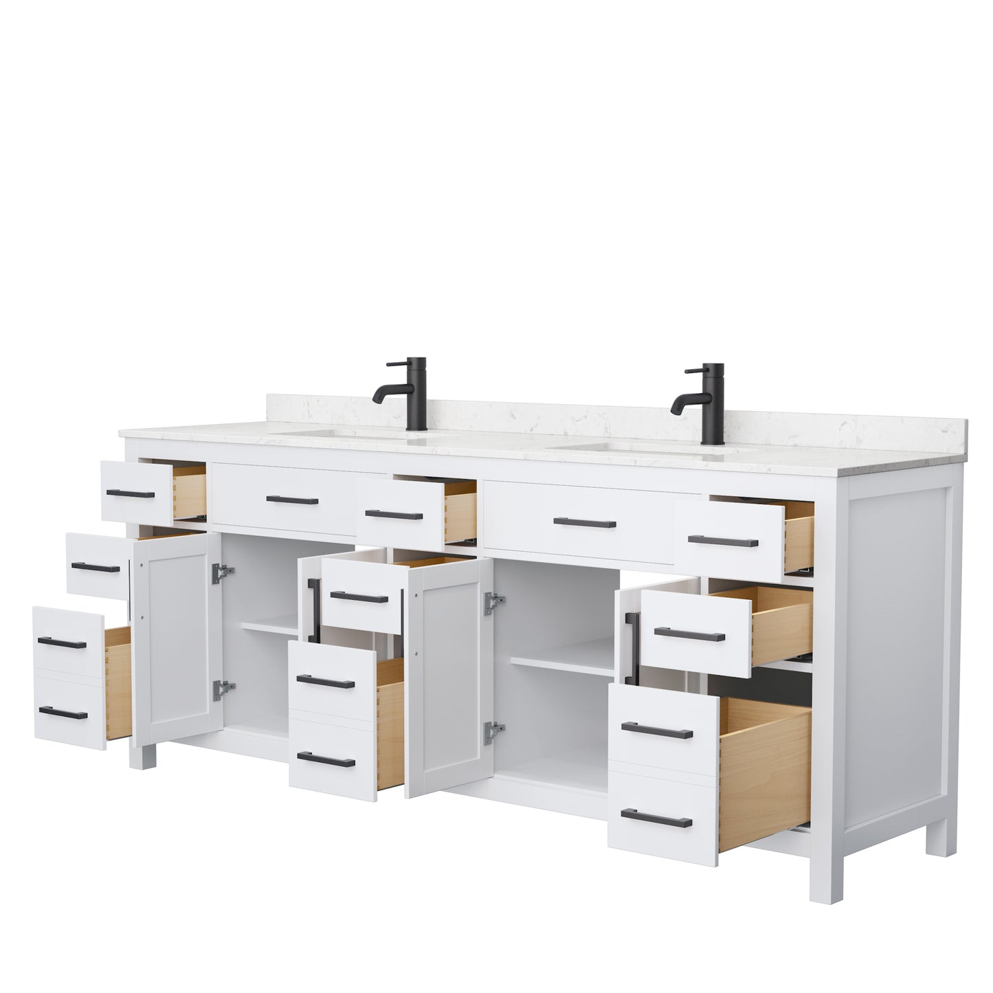Beckett 84" Double Vanity in White, Carrara Cultured Marble Top, Black Trim