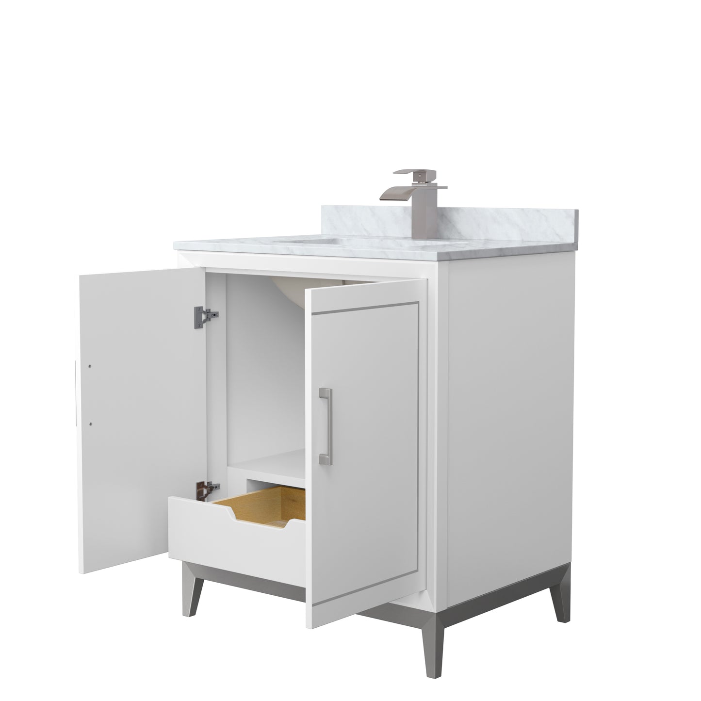 Marlena 30 " Single Vanity in White, White Carrara Marble Top, Sink, Nickel Trim