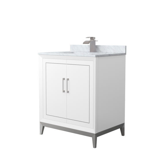 Marlena 30 " Single Vanity in White, White Carrara Marble Top, Sink, Nickel Trim