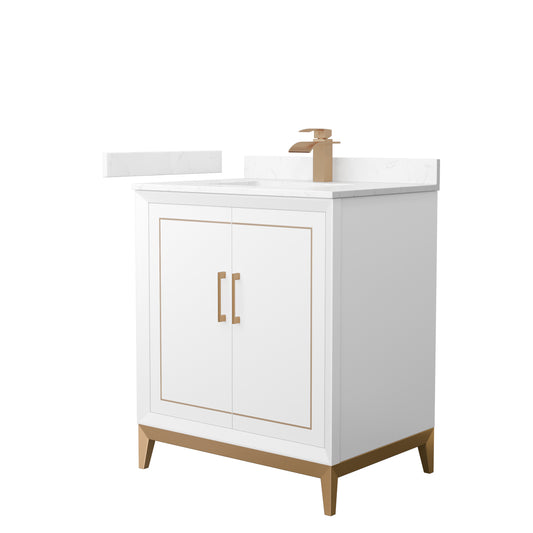 Marlena 30 " Single Vanity in White, Carrara  Marble Top, Sink, Bronze Trim