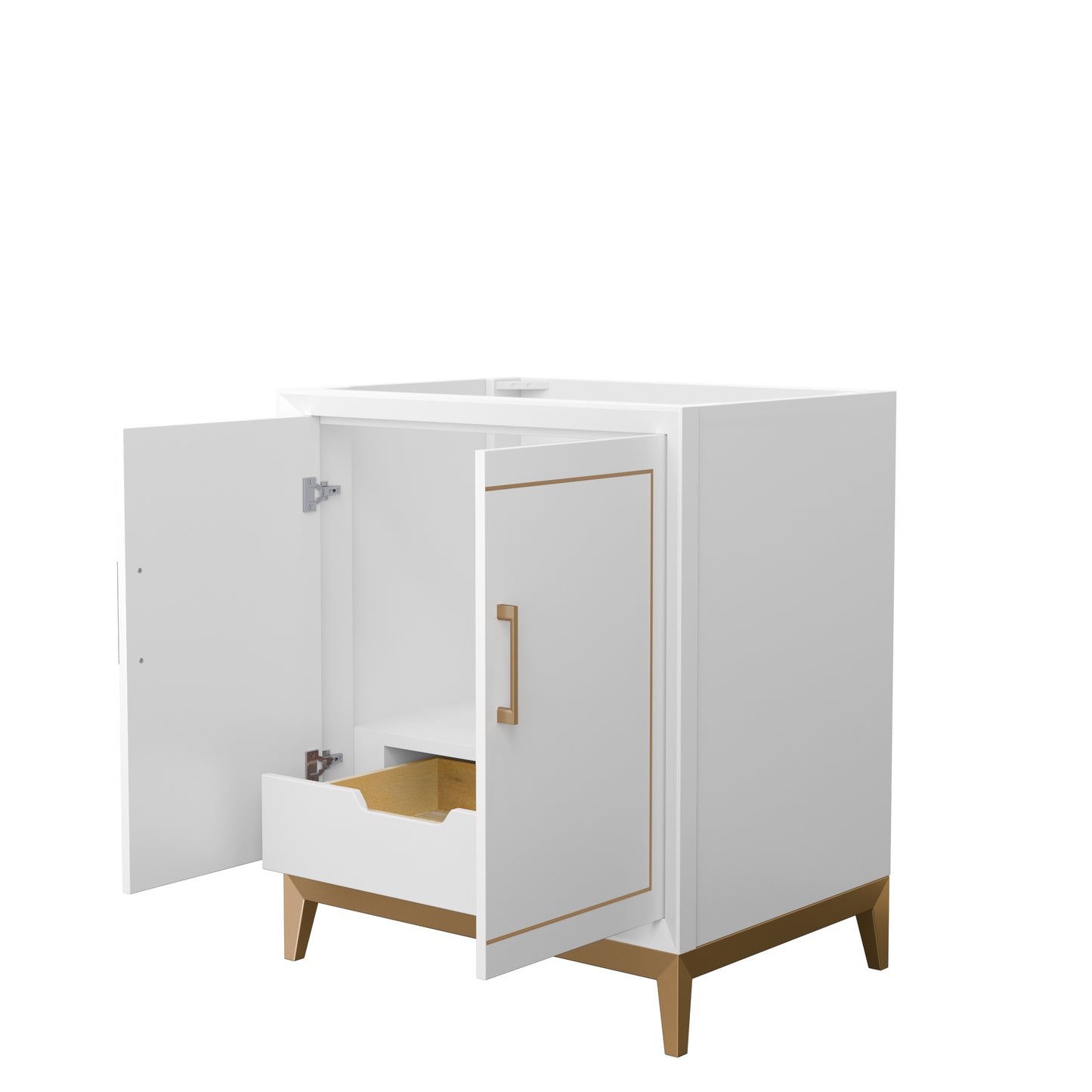 Marlena 30 Inch Single Vanity in White, No Top, No Sink, Satin Bronze Trim