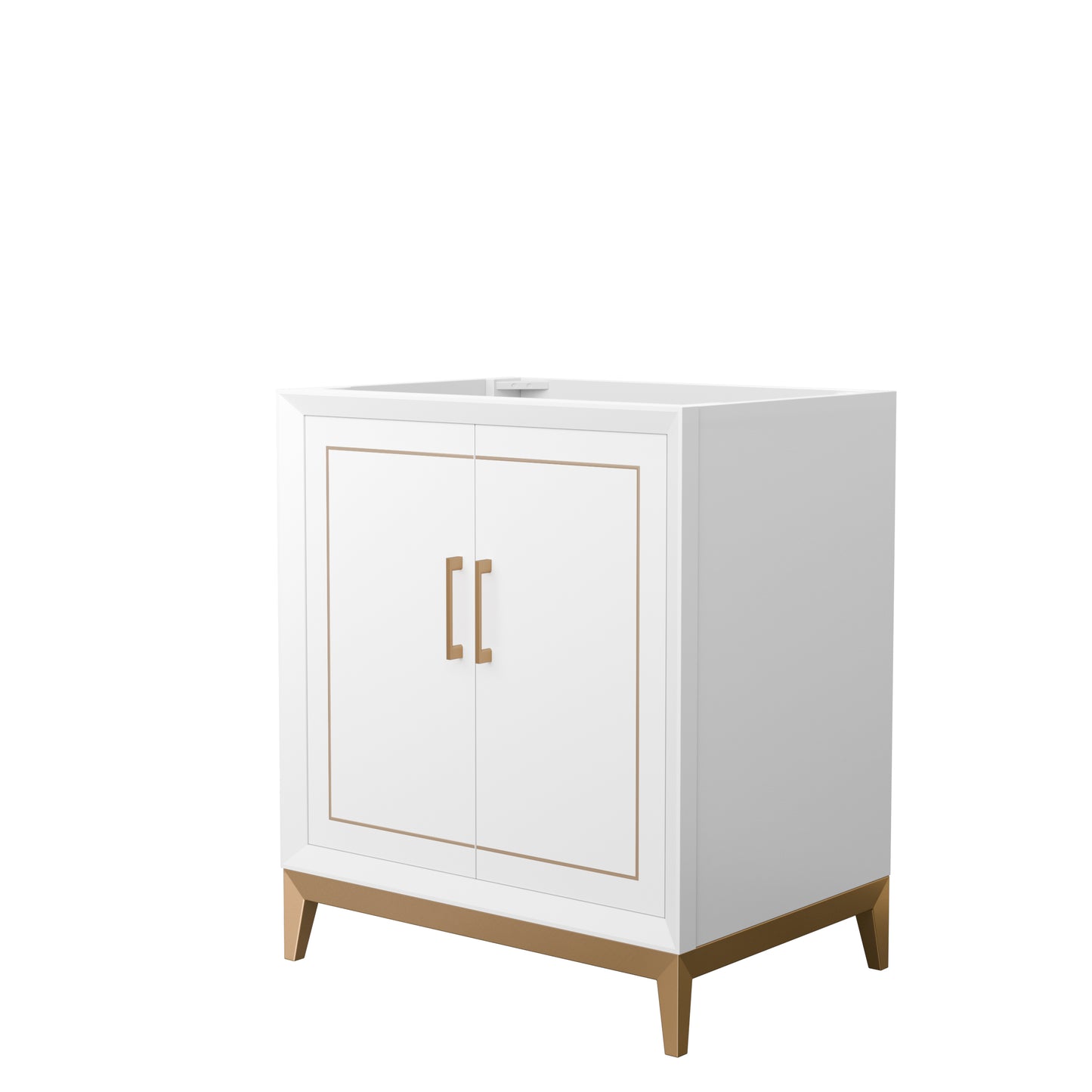 Marlena 30 Inch Single Vanity in White, No Top, No Sink, Satin Bronze Trim