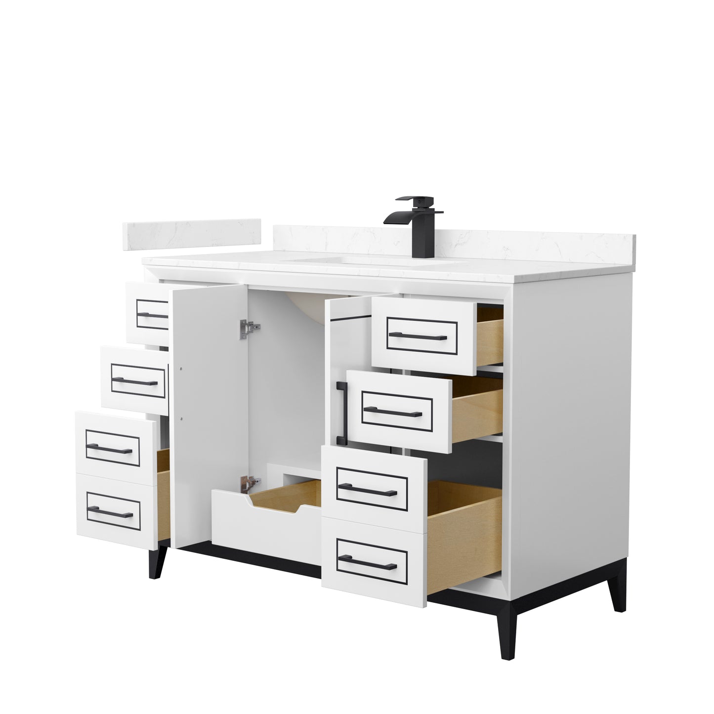 Marlena 48 " Single Vanity in White, Carrara  Marble Top, Sink, Black Trim