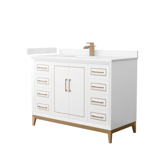 Marlena 48 " Single Vanity in White, Carrara  Marble Top, Sink, Bronze Trim
