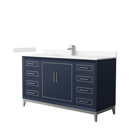 Marlena 60 " Single Vanity in Dark Blue, Carrara  Marble Top, Sink, Nickel Trim