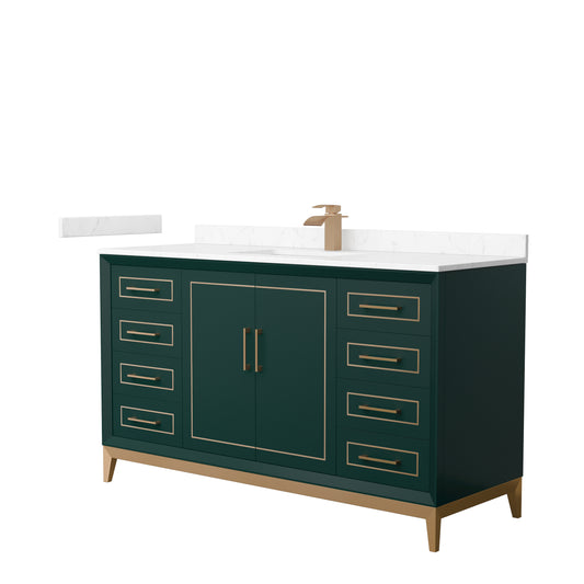 Marlena 60 " Single Vanity in Green, Carrara  Marble Top, Sink, Bronze Trim