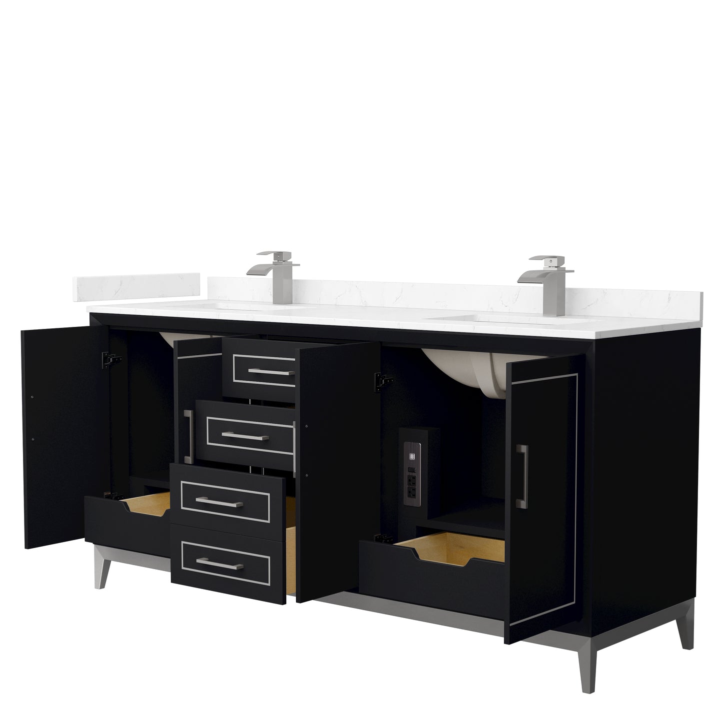 Marlena 72 " Double Vanity in Black, Carrara  Marble Top, Sinks, Nickel Trim