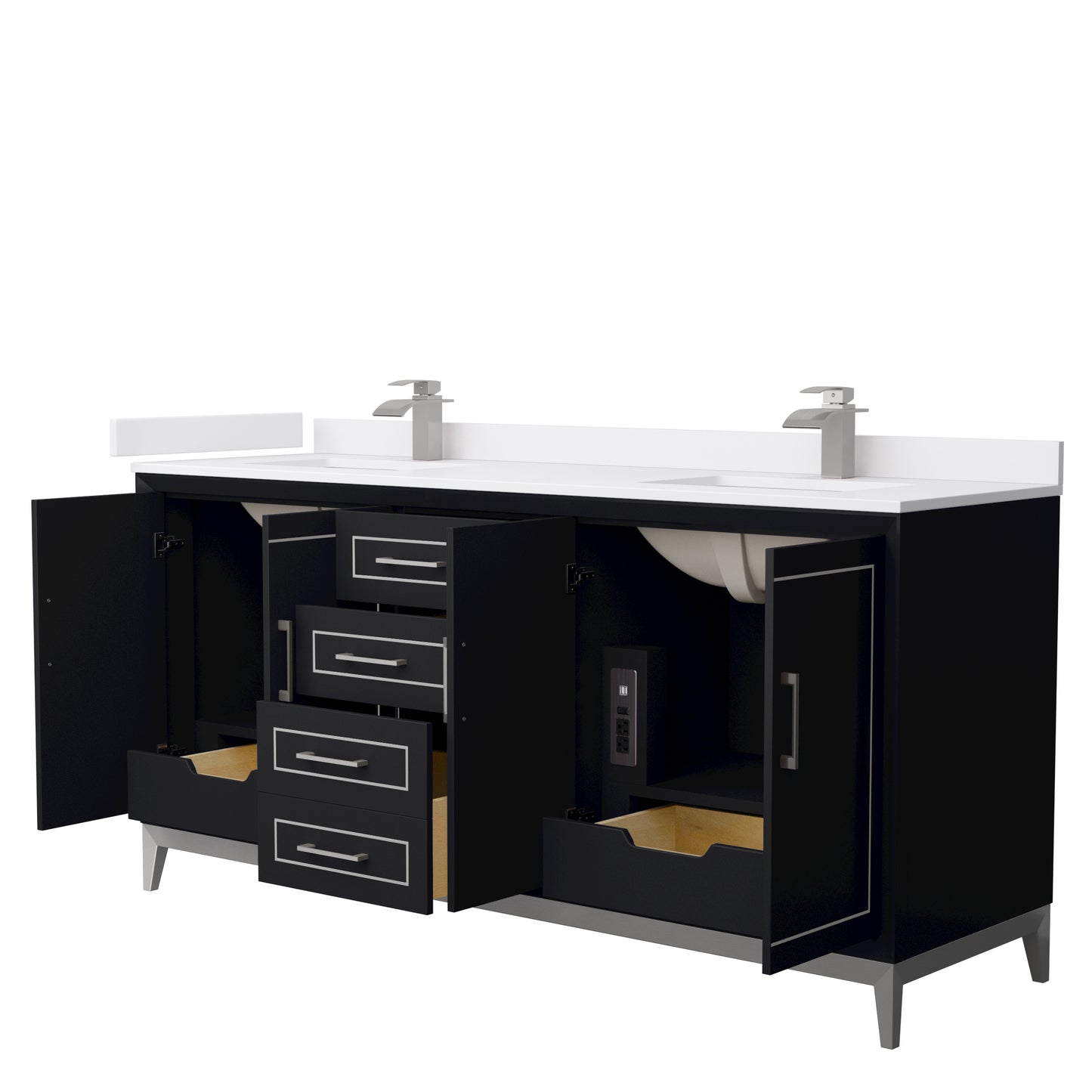 Marlena 72 " Double Vanity in Black, White  Marble Top, Sinks, Nickel Trim